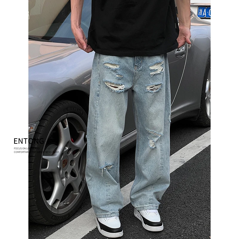 Entong破洞直筒牛仔裤男士美式潮牌痞帅大码宽松潮流阔腿休闲裤子