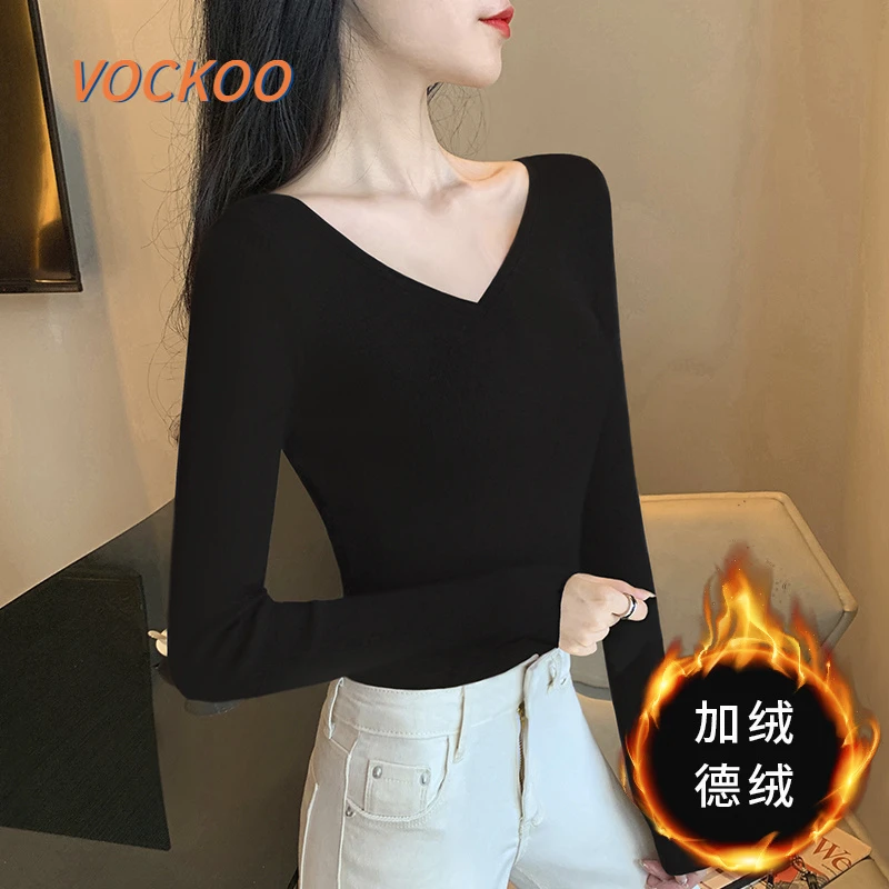 VOCKOO黑色加绒打底衫女秋冬洋派内搭长袖T恤2025年新款V领双面德