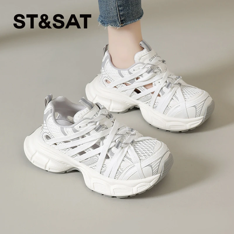 星期六老爹鞋女款2025新款网面透气镂空夏季运动凉鞋厚底增高女鞋