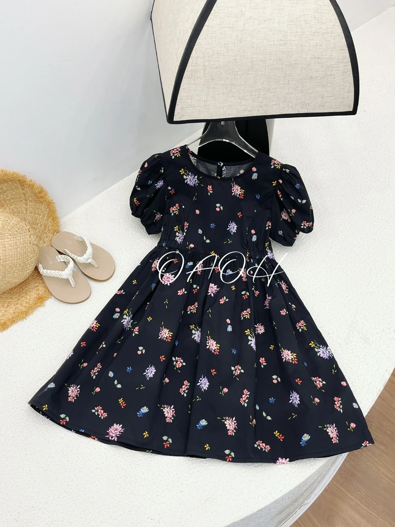 OAOH女童25年夏季新款中大童女宝学院风黑色碎花高级连衣裙Q2295