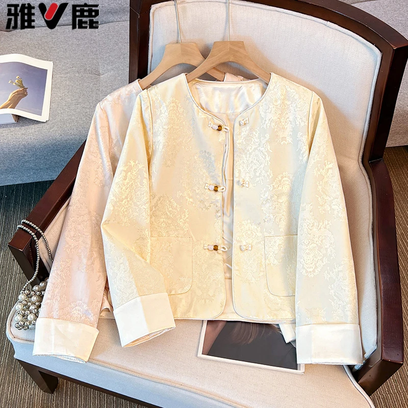 雅鹿新中式国风提花外套女2025潮流爆款秋季短款圆领修身百搭上衣
