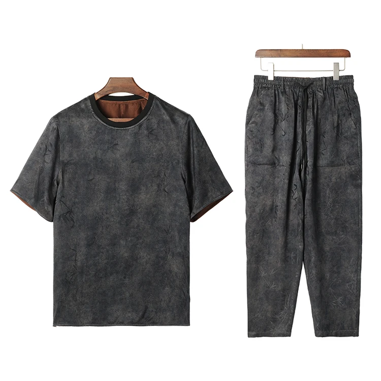 99119+99120 男士套装组合双面穿桑蚕丝连身袖T恤+休闲长裤