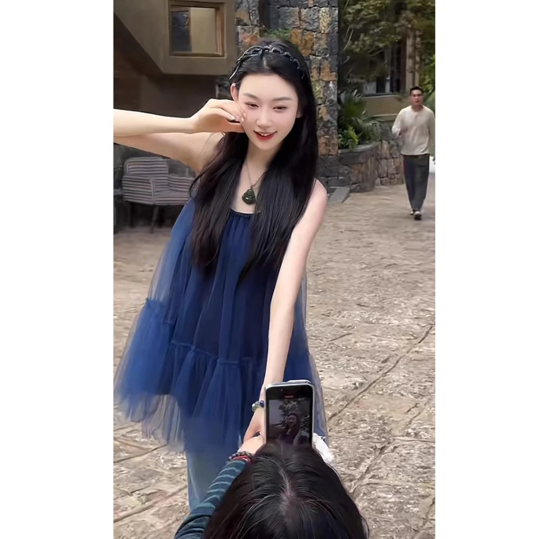 oajer鸥欧纪儿裙子女装店同款法式洋气气质爆款蓝色吊带连衣裙