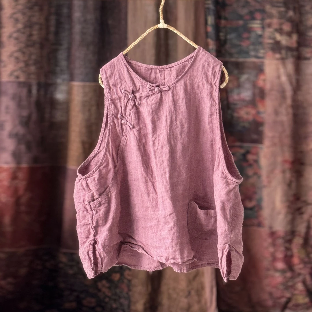 【热度】4397复古砂洗亚麻手缝盘扣宽松水洗背心马甲衣长65胸围134