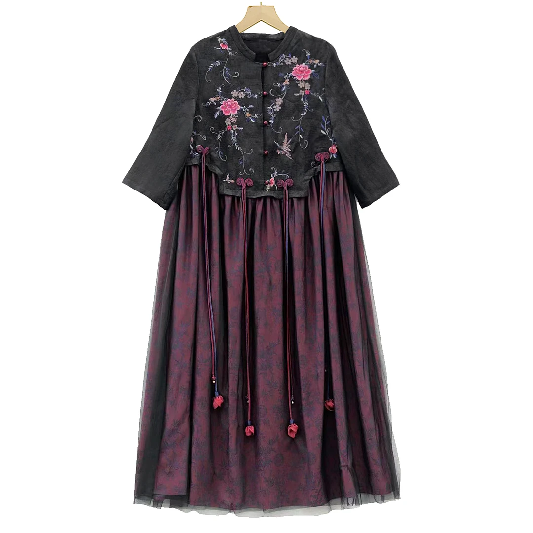 设计师原创高定款民族风刺绣文艺复古提花七分袖连衣裙秋中国风