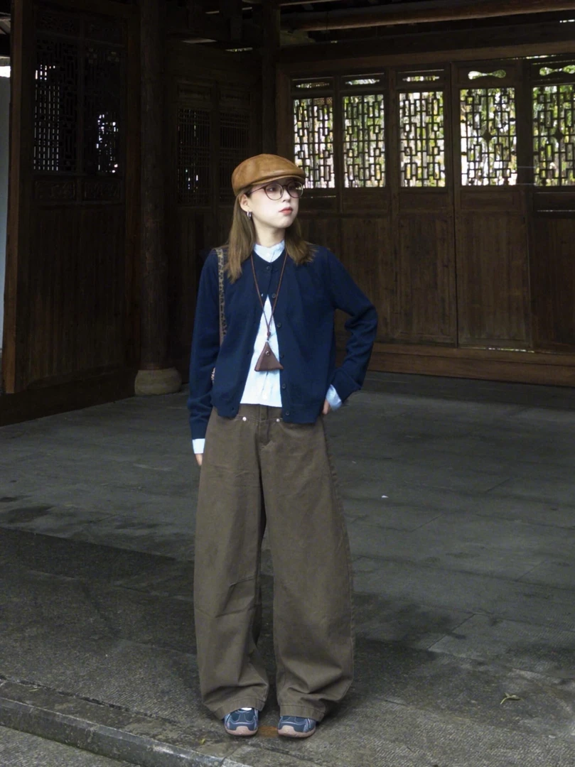 【森铃步调】韩系气质ins风时尚套装假两件藏青色开衫棕色长裤套装