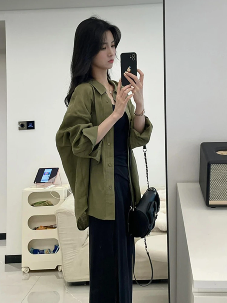 苔藓绿亚麻长袖衬衫女夏2025新款透气宽松防晒衬衣吊带裙两件套装