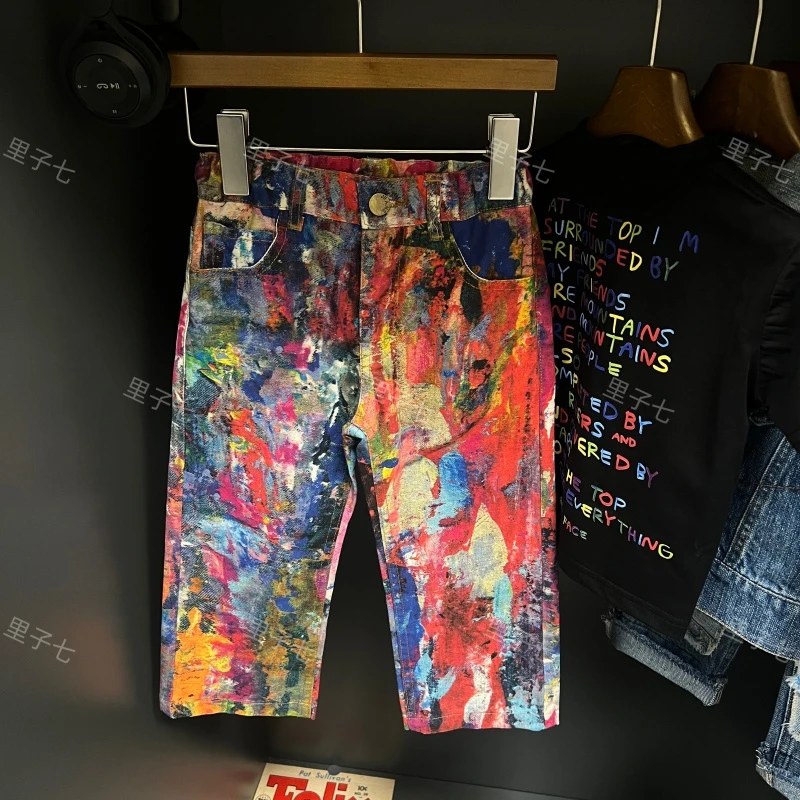 LZ7定制 |  2025童装春款3D彩印泼墨油画调色盘牛仔裤5079