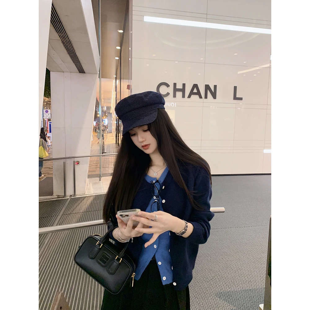 毛衣女2025早春新款韩系撞色气质假两件百搭气质减龄显瘦长袖上衣