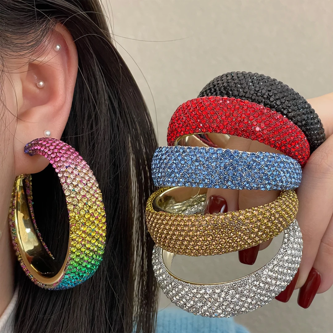 合金锆石耳饰 欧美跨境个性彩色大C满钻耳环时尚高级感镶钻耳圈耳