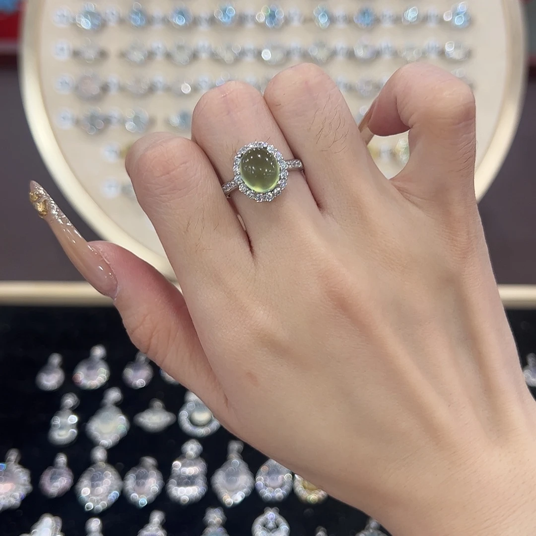 ℘***泡蛇纹石玉银S925镶嵌戒指