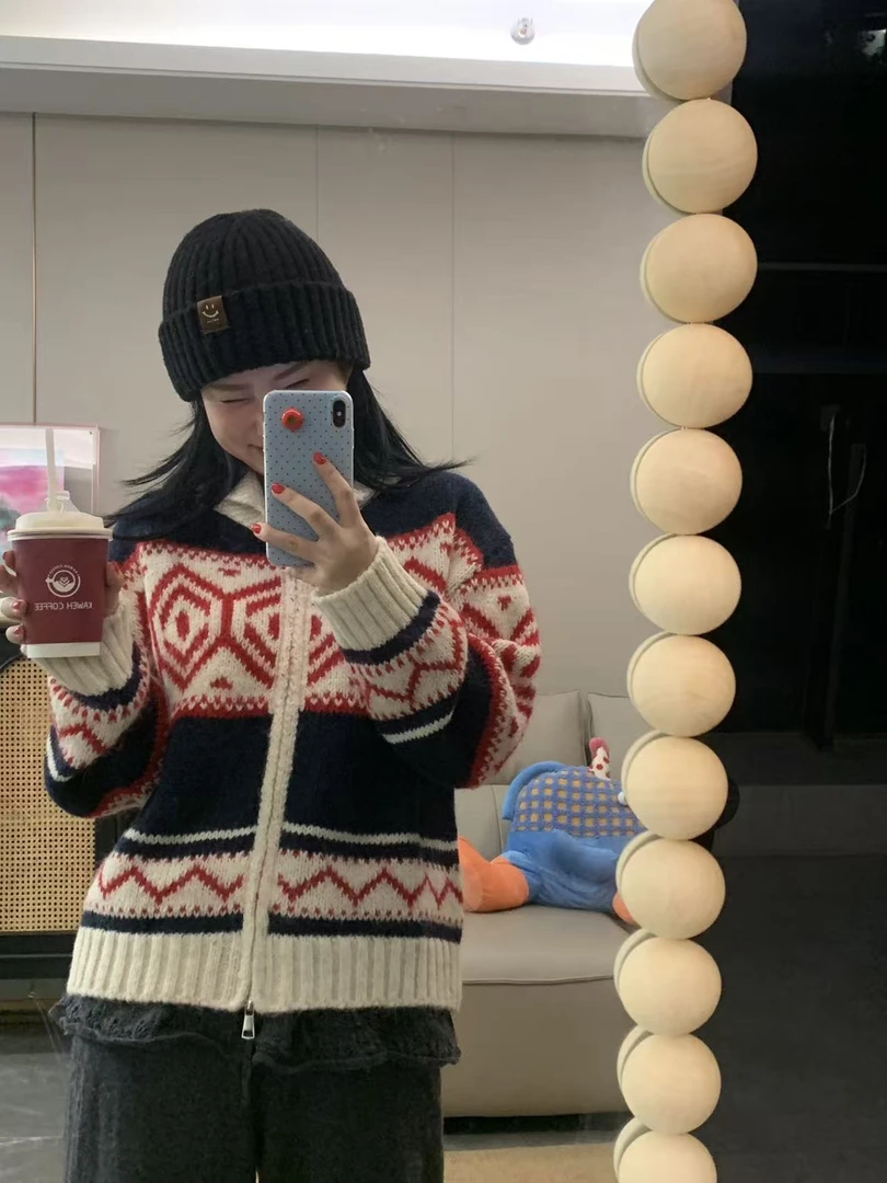 【麋鹿快跑】冬季翻领复古提花毛针织衫撞色百搭拉链毛衣6016