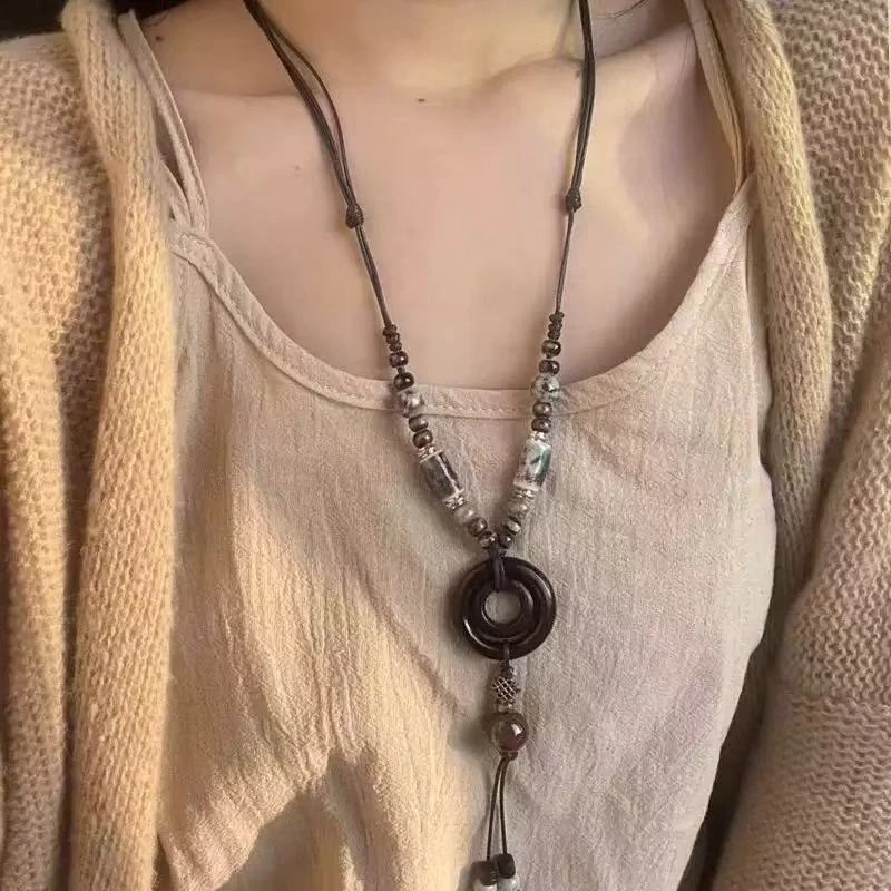 合金项链 新中式长款羽毛风叠戴毛衣链波西米亚配饰