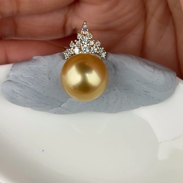 定制海水珍珠银S925镶嵌吊坠(不含链)12-13mm金珠一颗