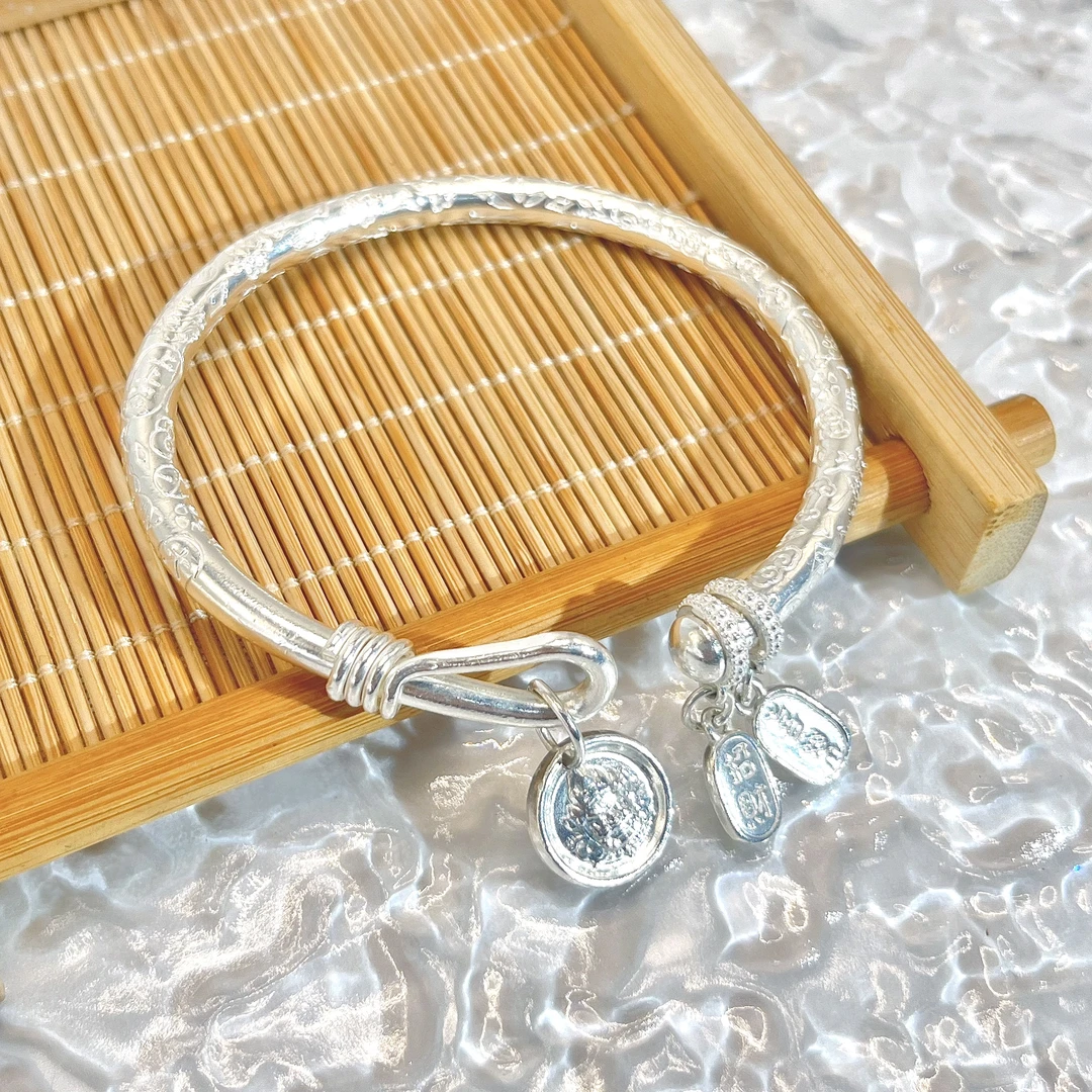 足银手镯 爱花手工银 足银黄财神吉言实心开口镯