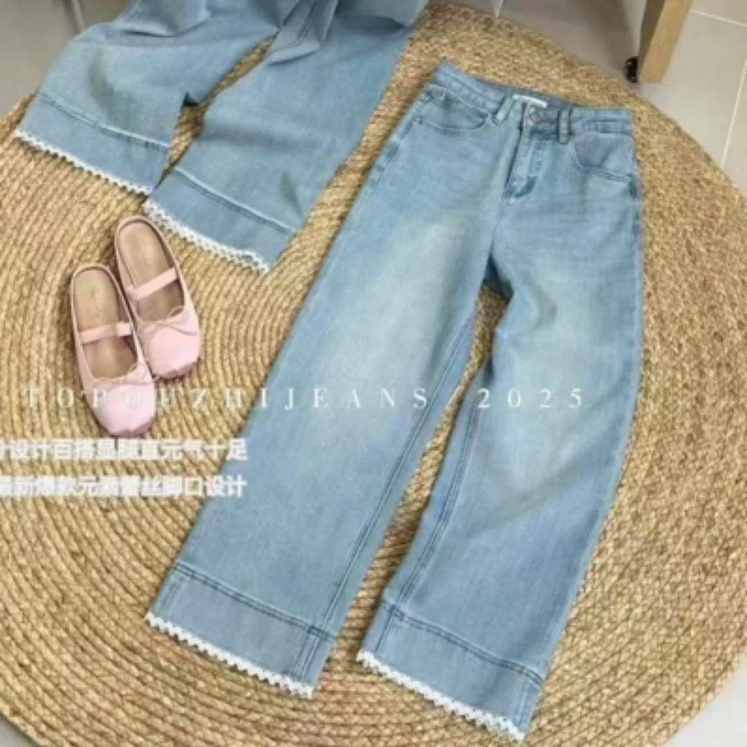 2024春夏韩版阔腿九分蕾丝拼接牛仔裤