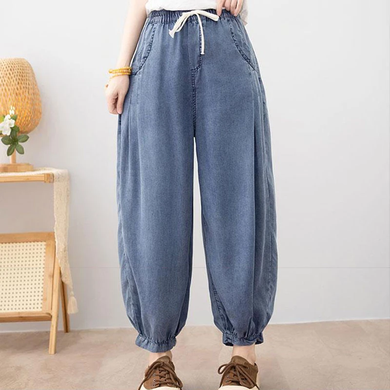 丹丹329#2025夏季宽松薄款透气牛仔裤松紧腰抽绳休闲显瘦灯笼裤女