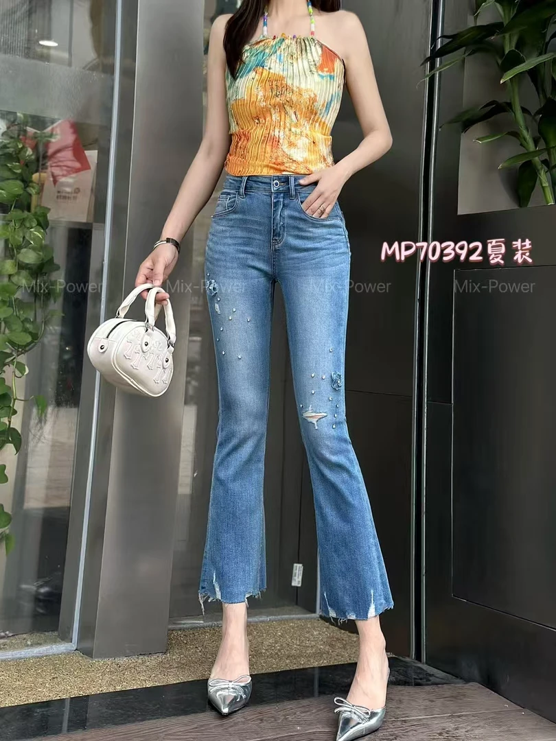 牛仔喇叭裤烫钻个性设计时尚百搭夏季直筒高腰新款牛仔裤微喇破洞