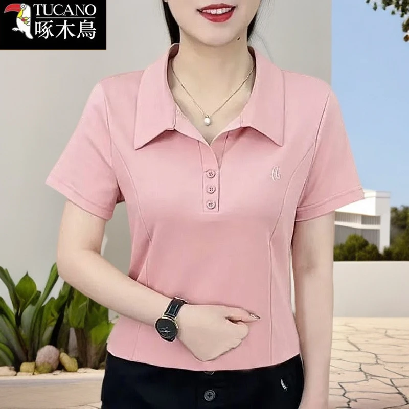 啄木鸟新款POLO领纽扣刺绣设计T恤女2025年夏季韩版气质显瘦上衣