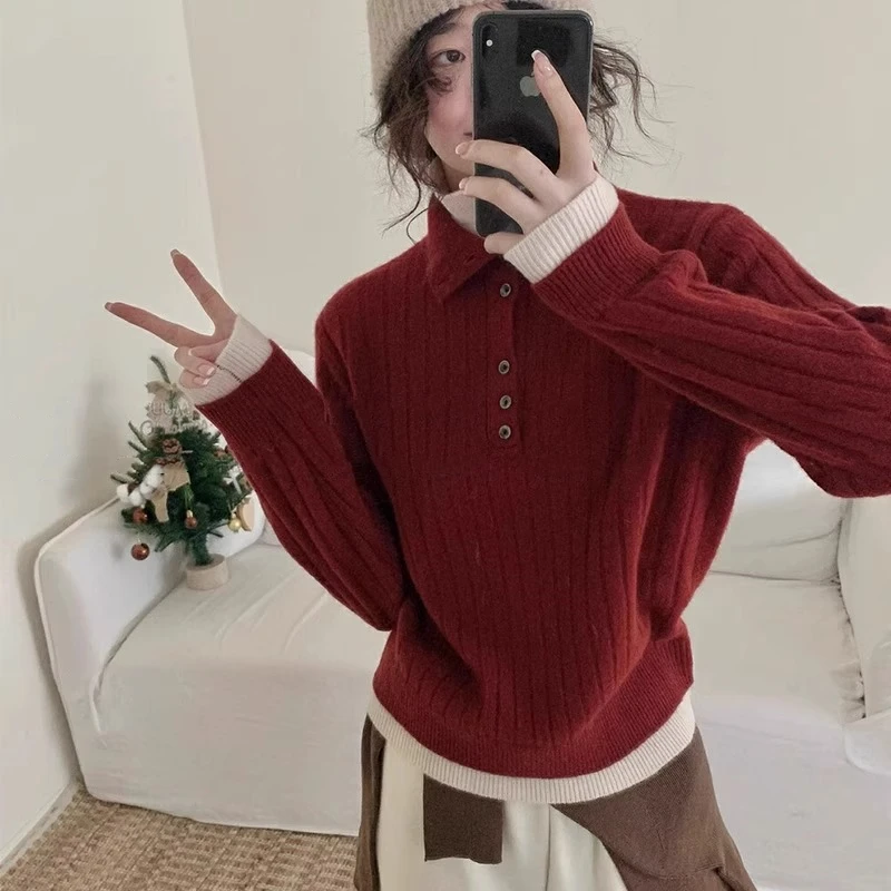 新年红色假两件翻领毛衣女秋冬宽松软糯polo领针织衫洋气内搭上衣