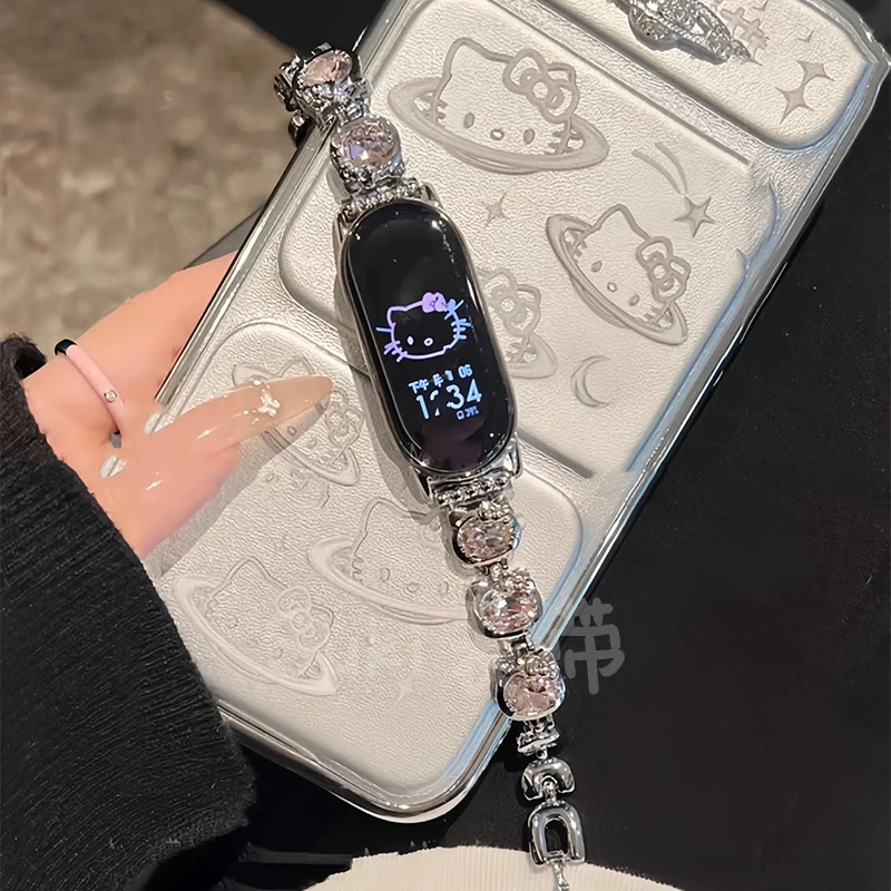 凯蒂猫闪钻适用小米手环10表带9NFC金属8轻奢Kitty猫高级腕带女款