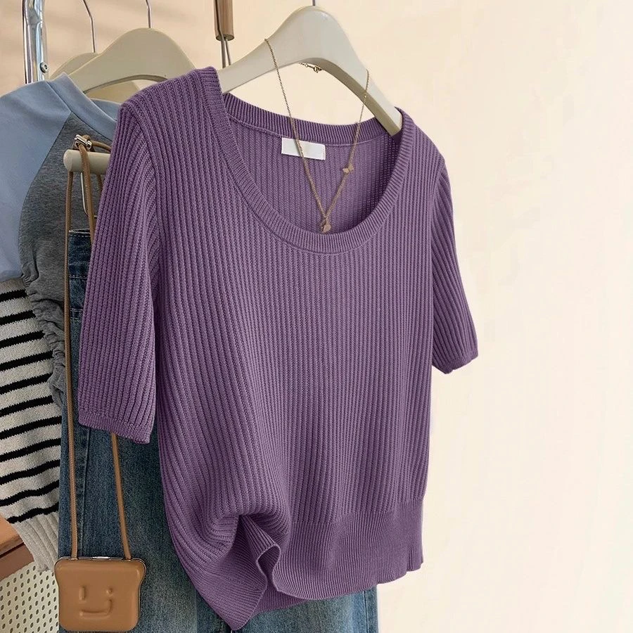 80-180斤U领正肩冰丝短袖女夏季高级感时尚气质百搭宽松显瘦上衣