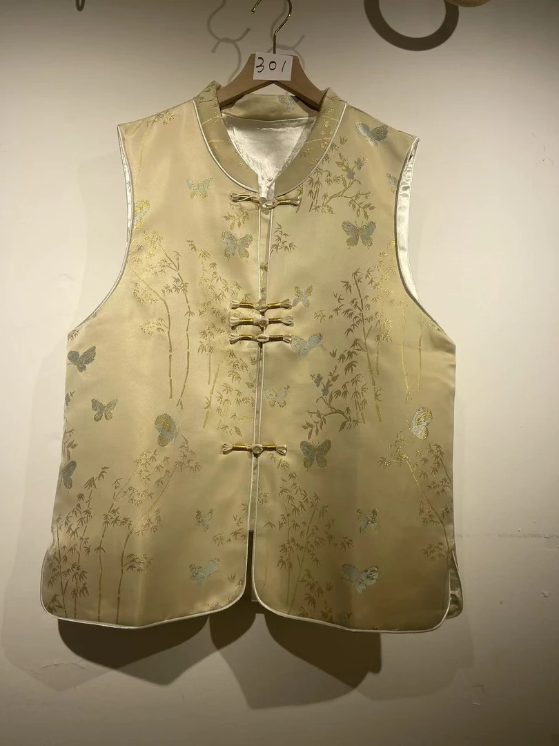 女单排扣刺绣圆领马夹印花双面黄色网红新中式中国风两面唐装