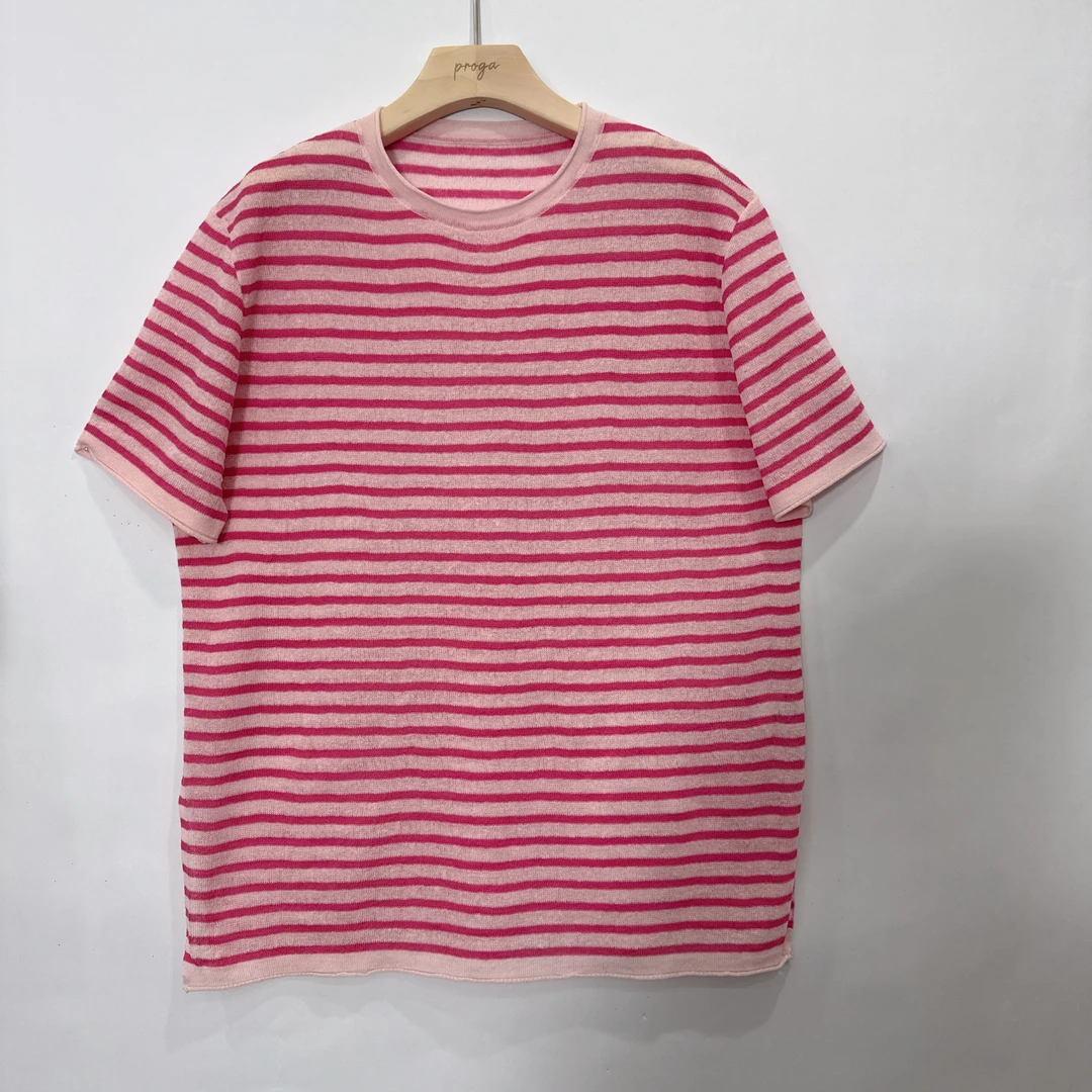 PROGA半袖春夏圆领短袖拼色百搭套装条纹透气云朵打底衫