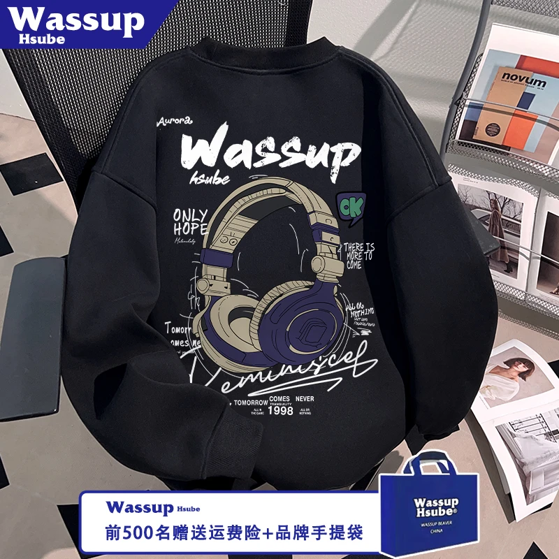 WASSUP HSUBE酷炫耳机英文印花黑色卫衣秋冬韩系男女重磅加绒上衣