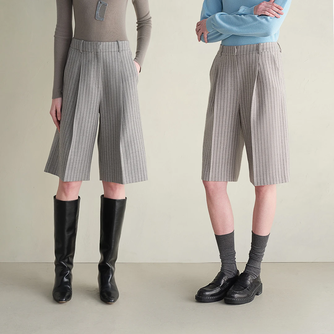 MARIUS“小英伦”复古super100'美利奴绵羊毛宽松微A直筒条纹中裤