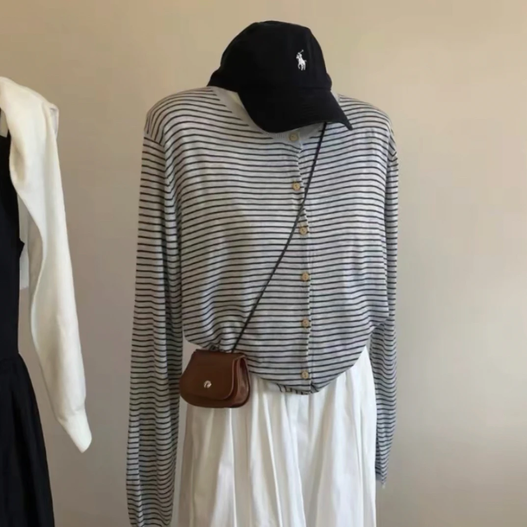 【dd】早秋~ 韩系条纹控黑灰针织开衫