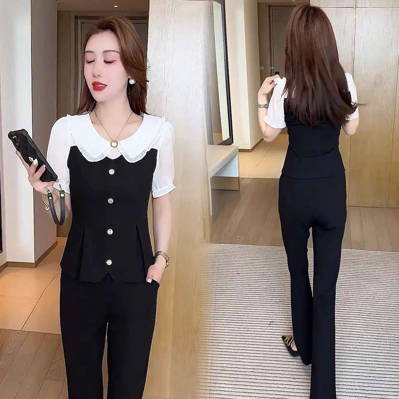 时尚套装女2025夏季新款洋气显瘦百搭娃娃领短袖衬衫微喇裤两件套