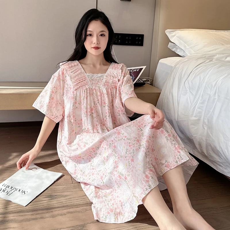 2025夏季大码纯棉睡裙女士薄款家居裙可外穿棉纱甜美碎花蕾丝长裙
