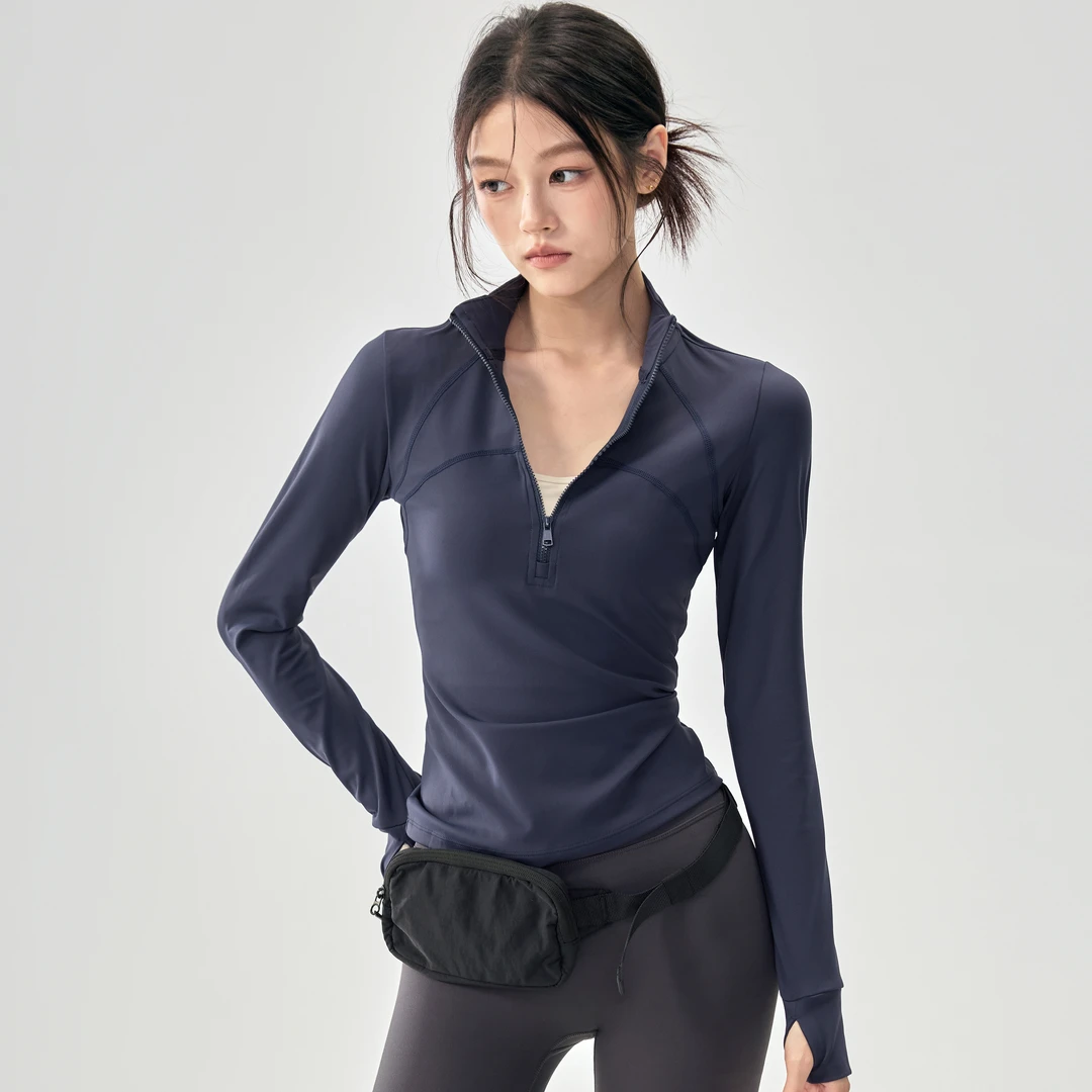 秋冬新款瑜伽服女半拉链立领跑步运动上衣弹力修身训练健身服长袖