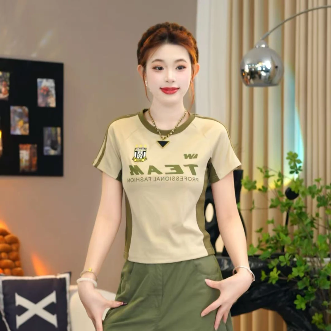 夏季美式洋气打底印花收腰显瘦百搭修身V领短袖上衣T恤-百搭时尚