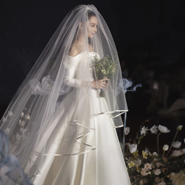 新娘头饰超仙森系女韩式缎面包边白色超长款大拖尾结婚主婚纱头纱