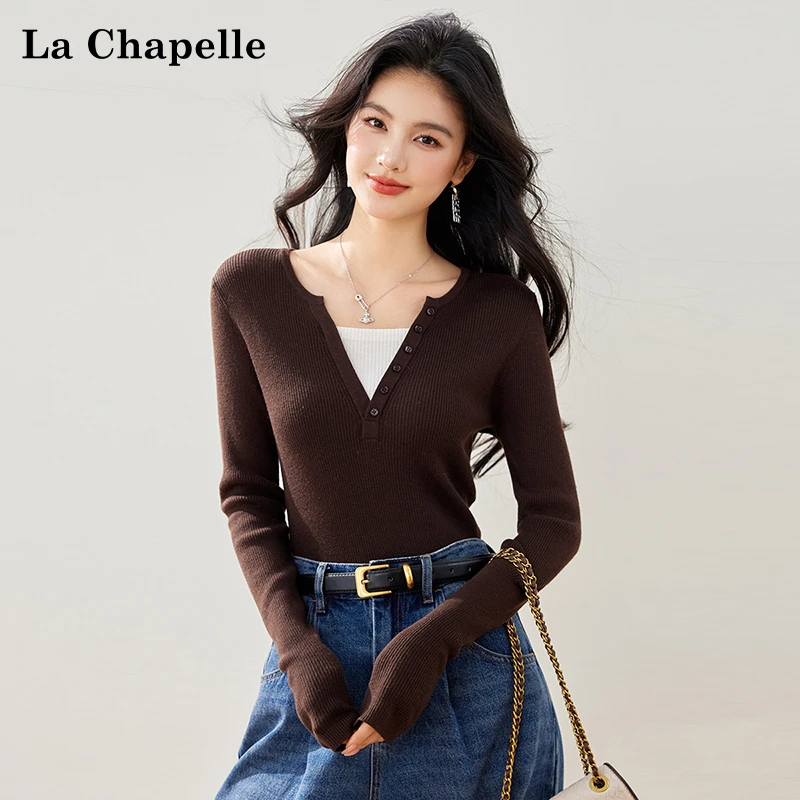 拉夏贝尔软糯绵羊毛撞色拼接针织打底衫女假两件修身显瘦百搭上衣