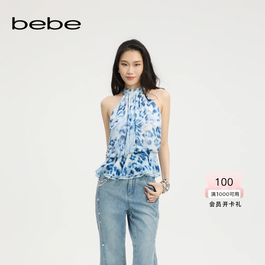 bebe2025夏季新款女士领部抽皱挂脖印花雪纺梭织小衫280404