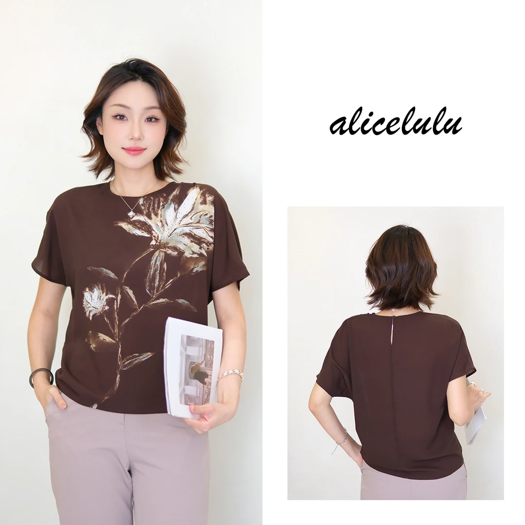 [alicelulu]法式优雅独特别致印花短袖T恤轻熟百搭S2143595W