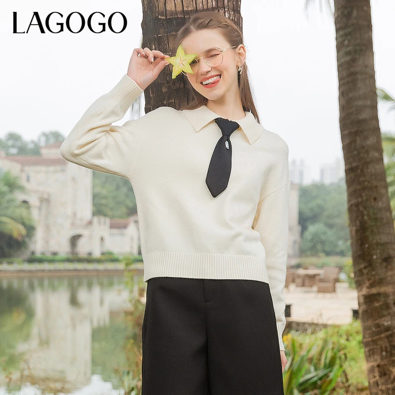 Lagogo新款方领撞色领带装饰针织衫女LAMM431A29