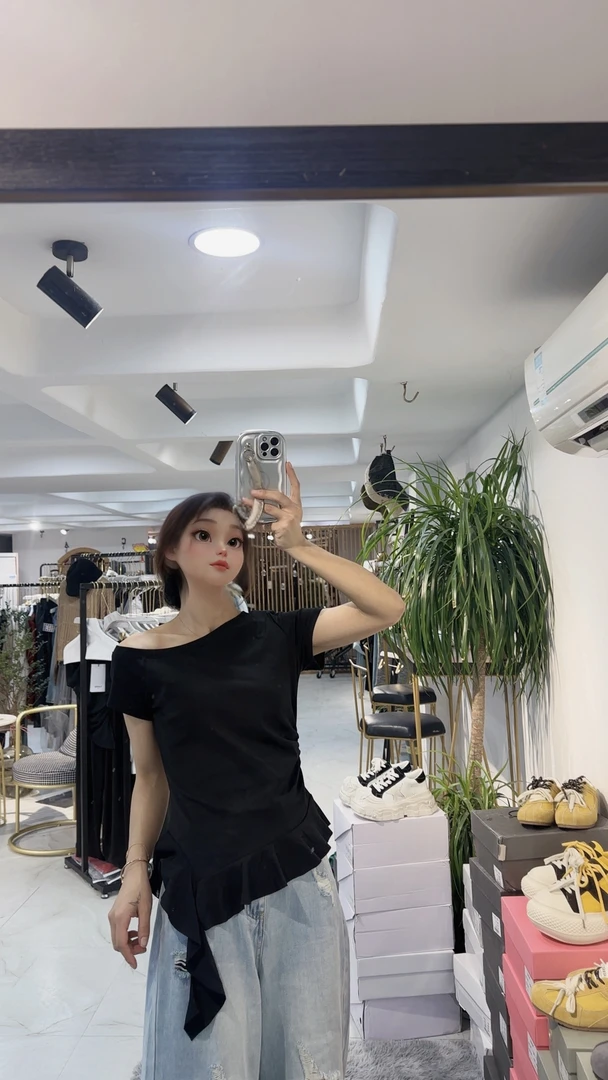 鱼尾边露肩T恤显瘦百搭闺蜜女装