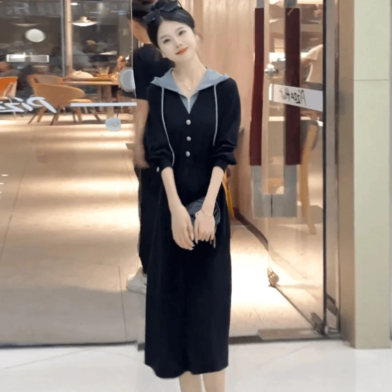 （运费险）秋季时尚拼接假两件休闲连帽连衣裙2025新款洋气显瘦