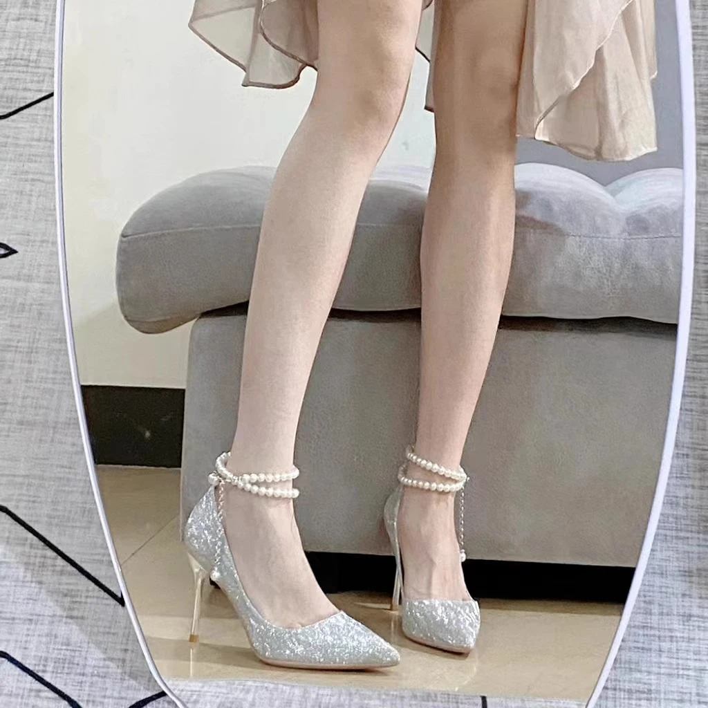 银色高跟鞋女细跟2025年新款伴娘18岁成年礼婚纱水晶新娘婚鞋