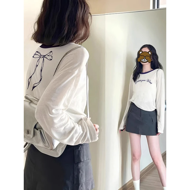 中国风蝴蝶结印花长袖防晒衫女装夏季新款休闲百搭薄款T恤衫上衣