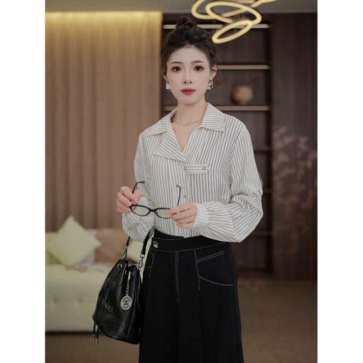 TITI定制【雅典海岸】轻奢气质条纹长袖衬衫宽松显瘦上衣TL3903135
