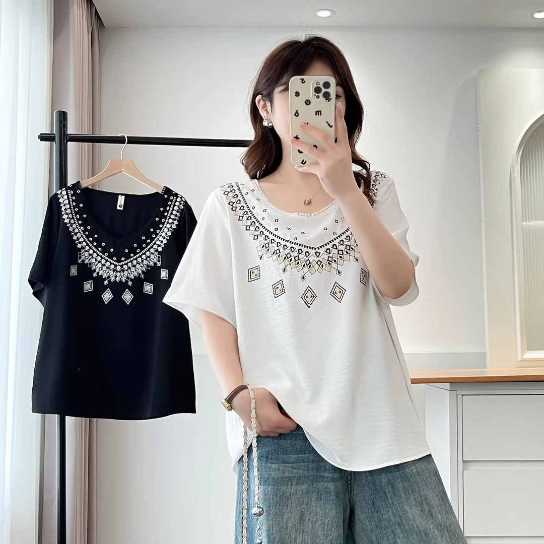 大码女装 胸112-136 V领重工小衫T恤9522#