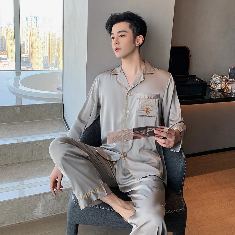 2025新款冰丝睡衣男士春秋季长袖大码开衫套装外穿仿真丝绸家居服