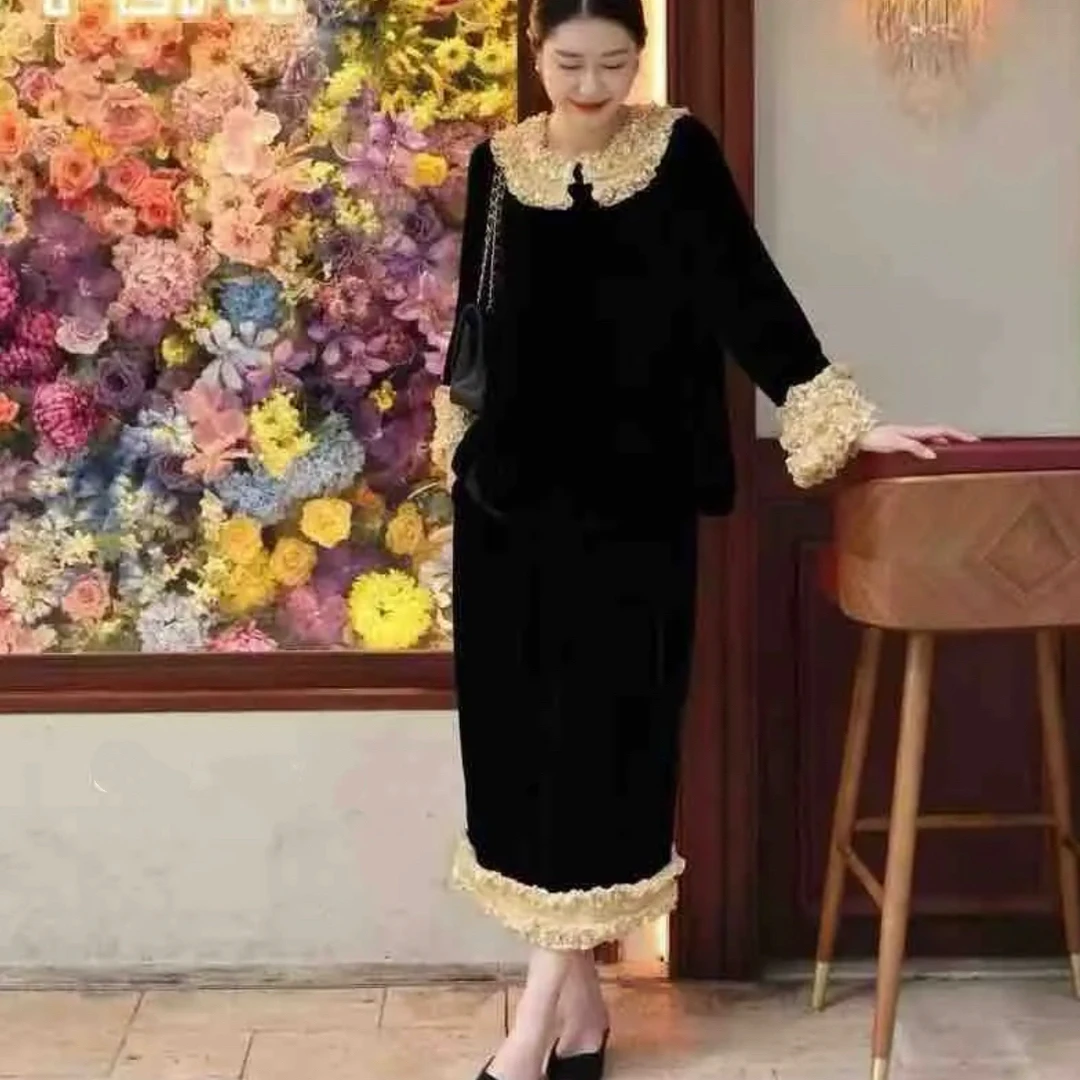 XXJ三秋 新款时尚长袖木耳边黑色上衣配半裙套装时尚减龄红标套装