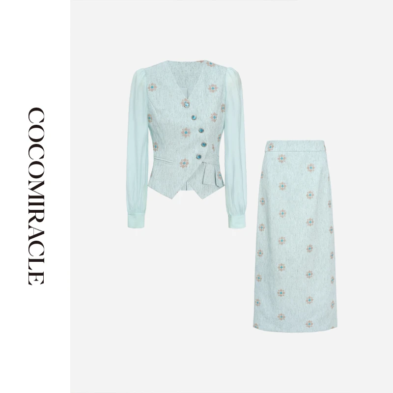 【董小姐】新款V领刺绣上衣+长款直筒半身裙套装Q56CTZ2206