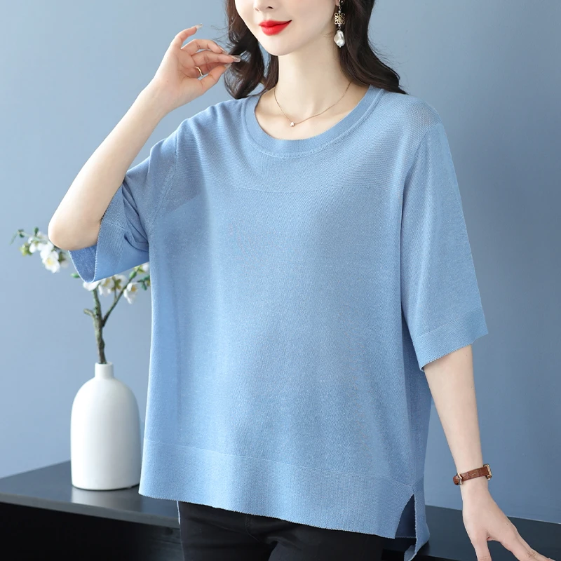 大码冰丝针织衫女士夏季遮肚子显瘦宽松上衣加肥加大薄款短袖T恤